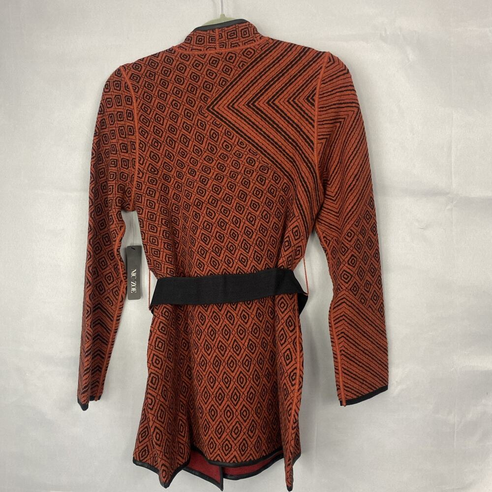 NWT NIC & ZOE Sweater M Cardigan Belted Long Geometric Faux Leather Asymmetric - Picture 8 of 14